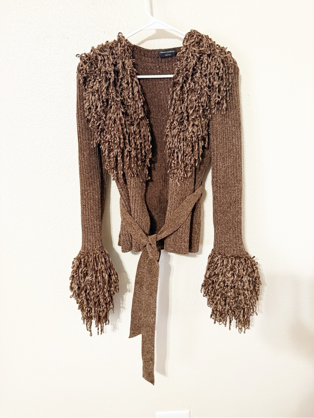 Naked Wardrobe Knit Fringe V-Neck Cardigan Brown Chenille Wrap Size Large - Picture 8 of 13